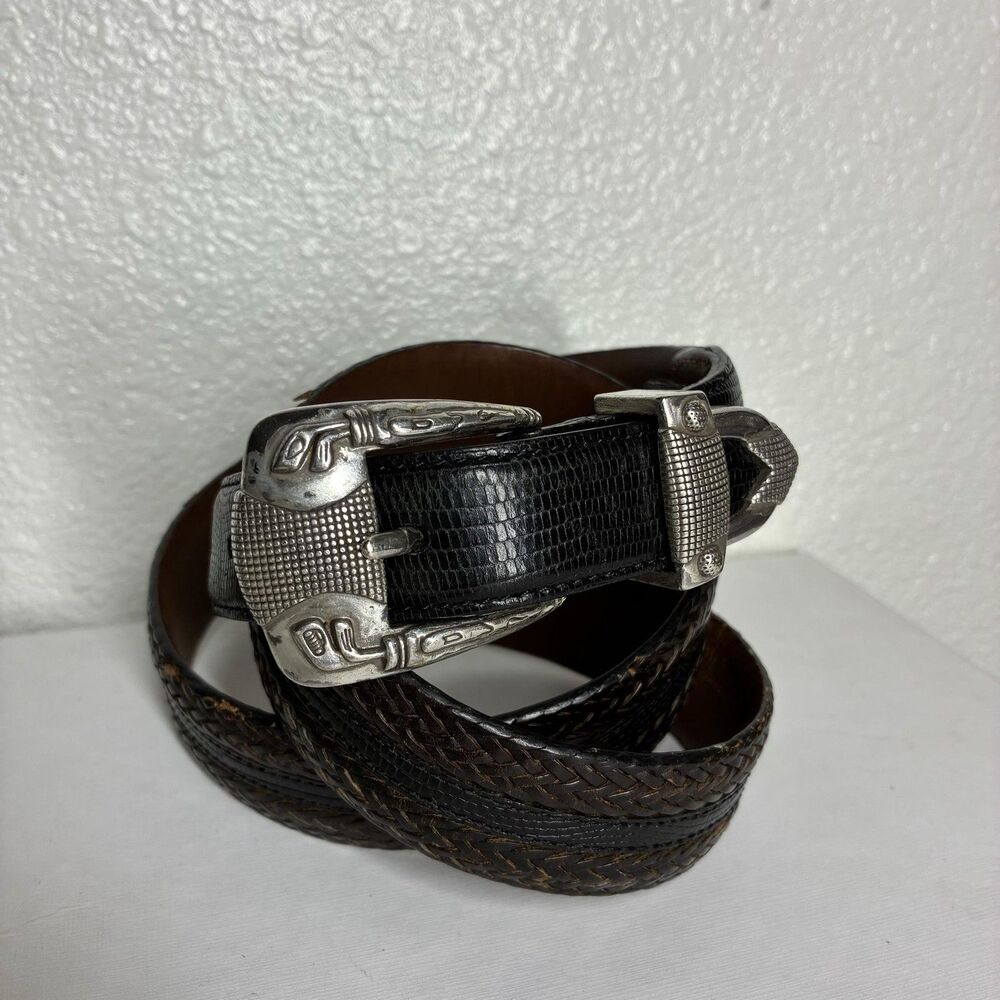 Brighton Leather Belt Mens 38 Black Braided Woven Western Silver Buckle Onyx